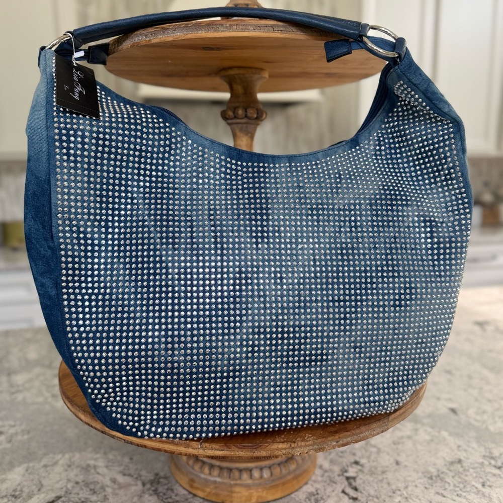 Chic Blue Rhinestone Hobo Bag